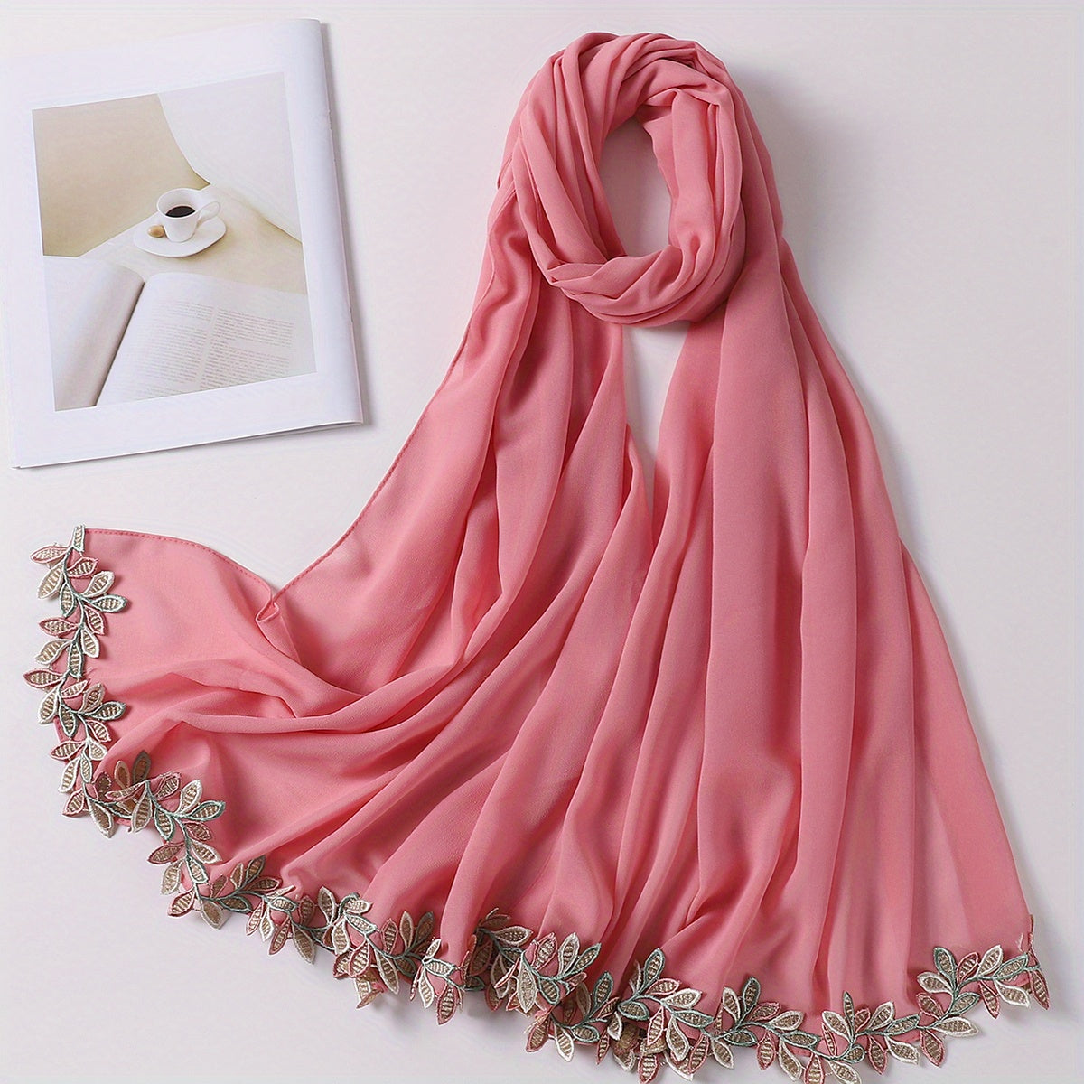Leaf Embroidery Hijab Lace Chiffon Scarf Solid Thin Breathable Shawl