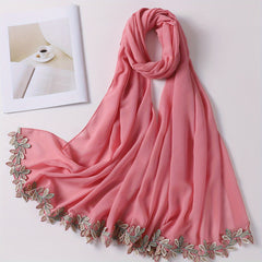 Leaf Embroidery Hijab Lace Chiffon Scarf Solid Thin Breathable Shawl