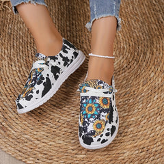 Women's Sunflower & Cow Print Canvas Loafers Casual Flat Sneakers