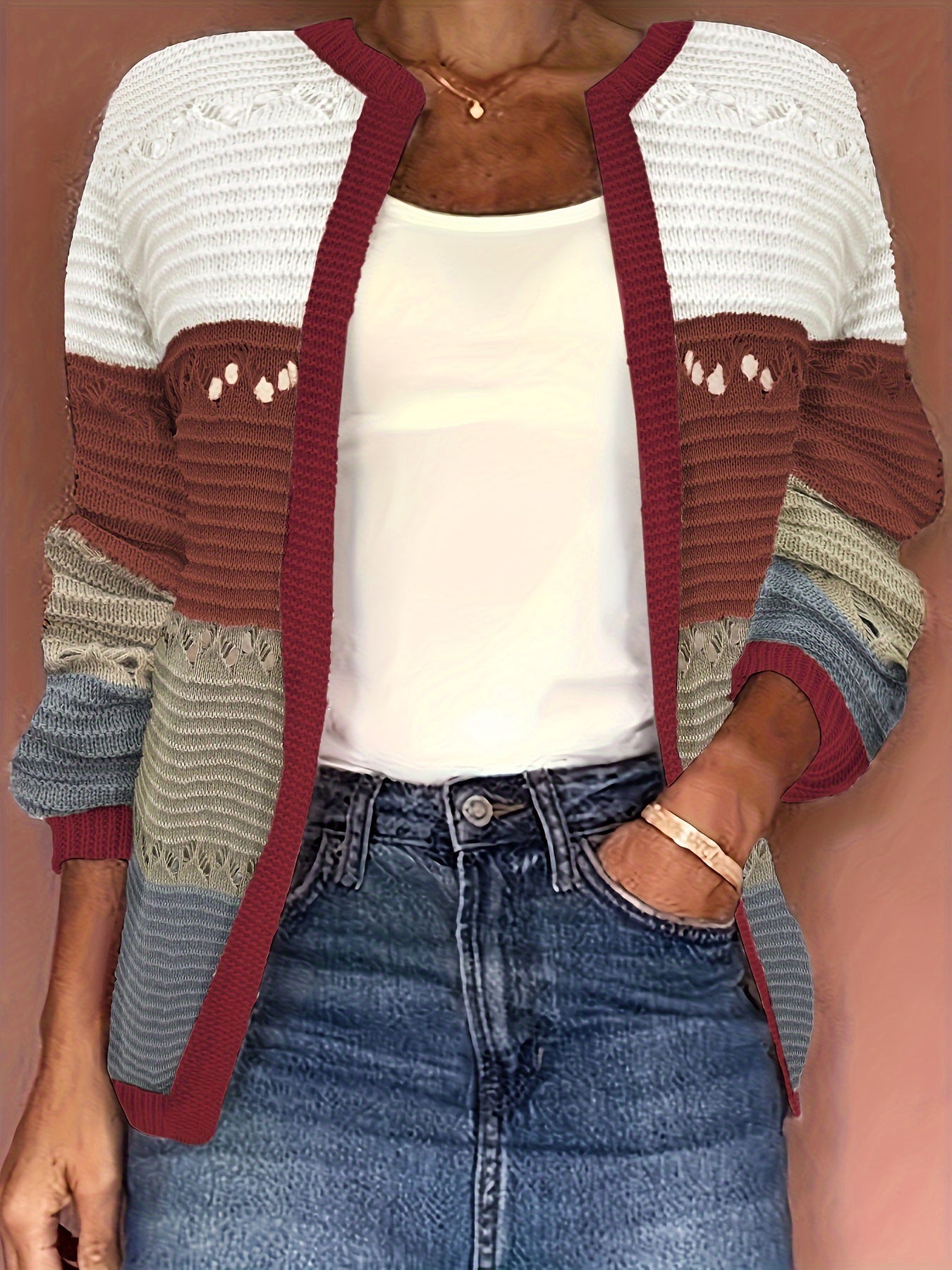 Colorblock Hollow Out Long Sleeve Open Front Cardigan