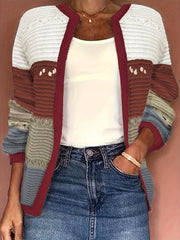 Colorblock Hollow Out Long Sleeve Open Front Cardigan