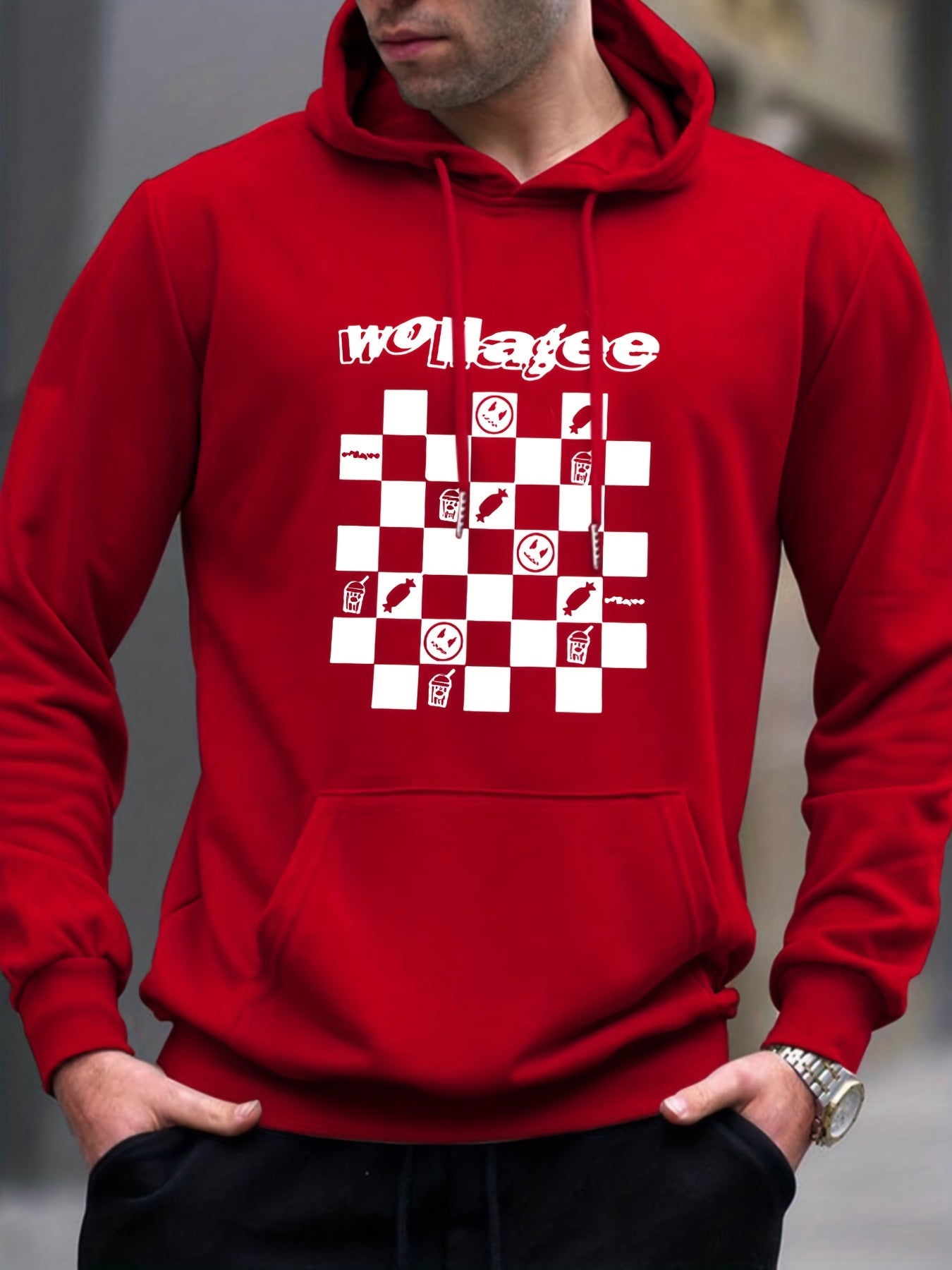 Checkerboard Print Hoodie Men's Casual Graphic Pullover Hoodie