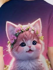 3D Flower Cat Graphic T-shirt Girls Casual Short Sleeve Tees Summer Clothes