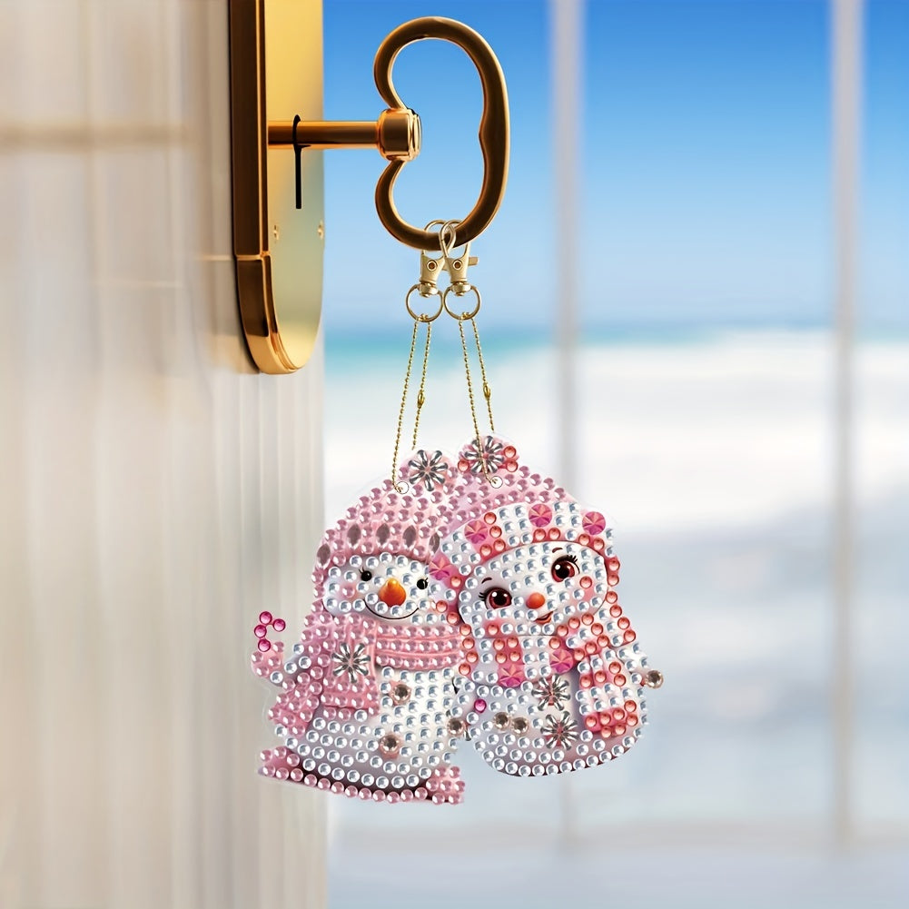 6pcs DIY Christmas Diamond Painting Keychain Pink Snowman Art Mosaic