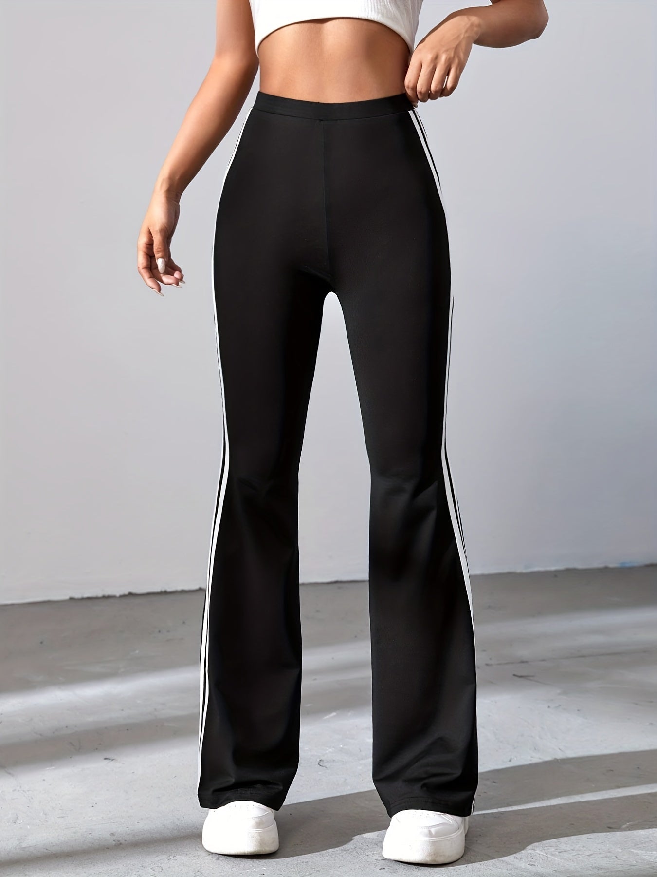 Striped Print Flared Leg Pants Casual High Waist Long Length Pants