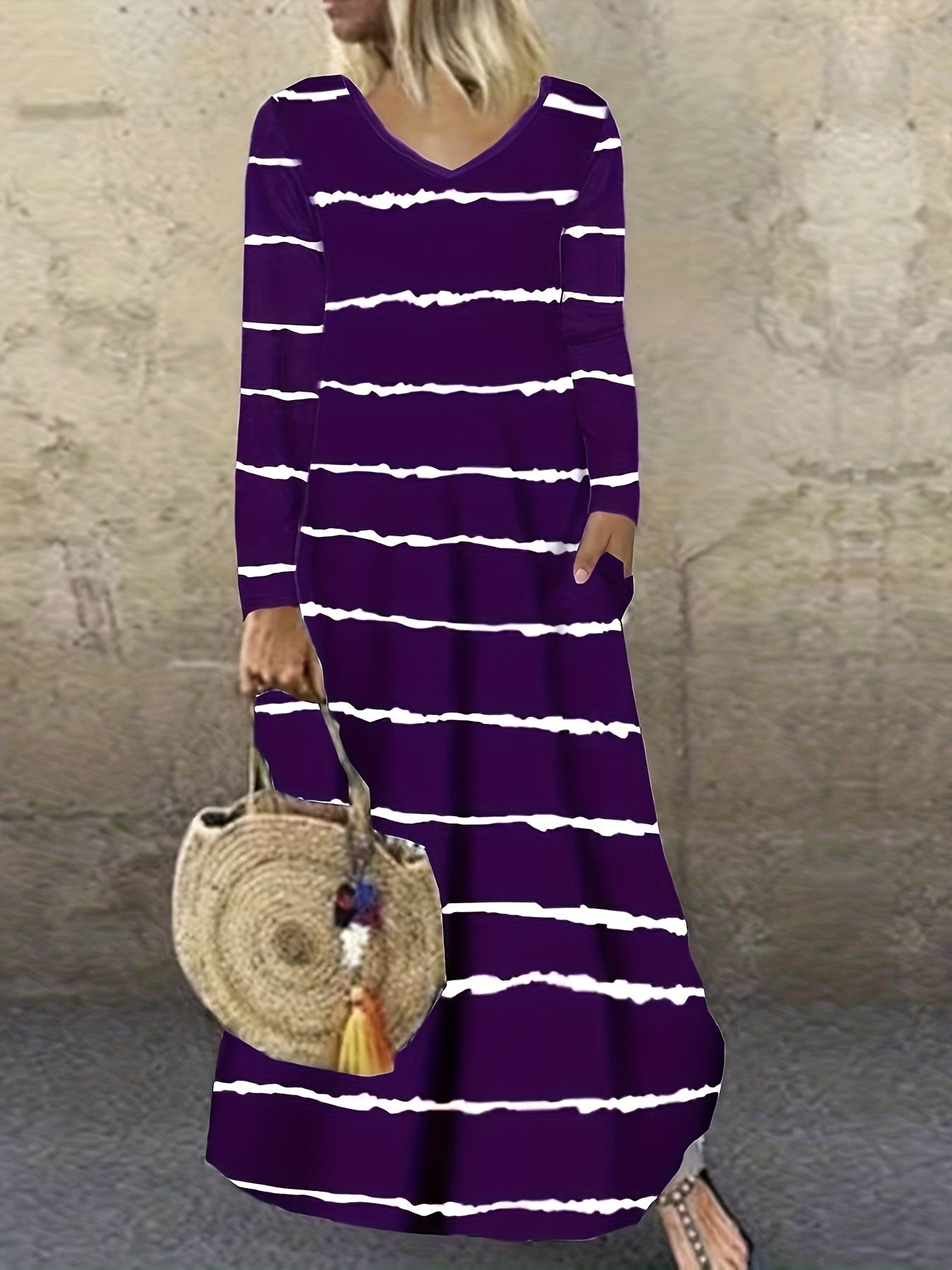 Striped Long Sleeve V Neck Maxi Dress With Pockets