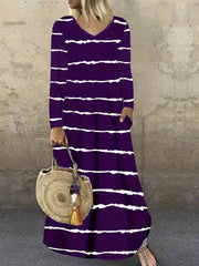 Striped Long Sleeve V Neck Maxi Dress With Pockets