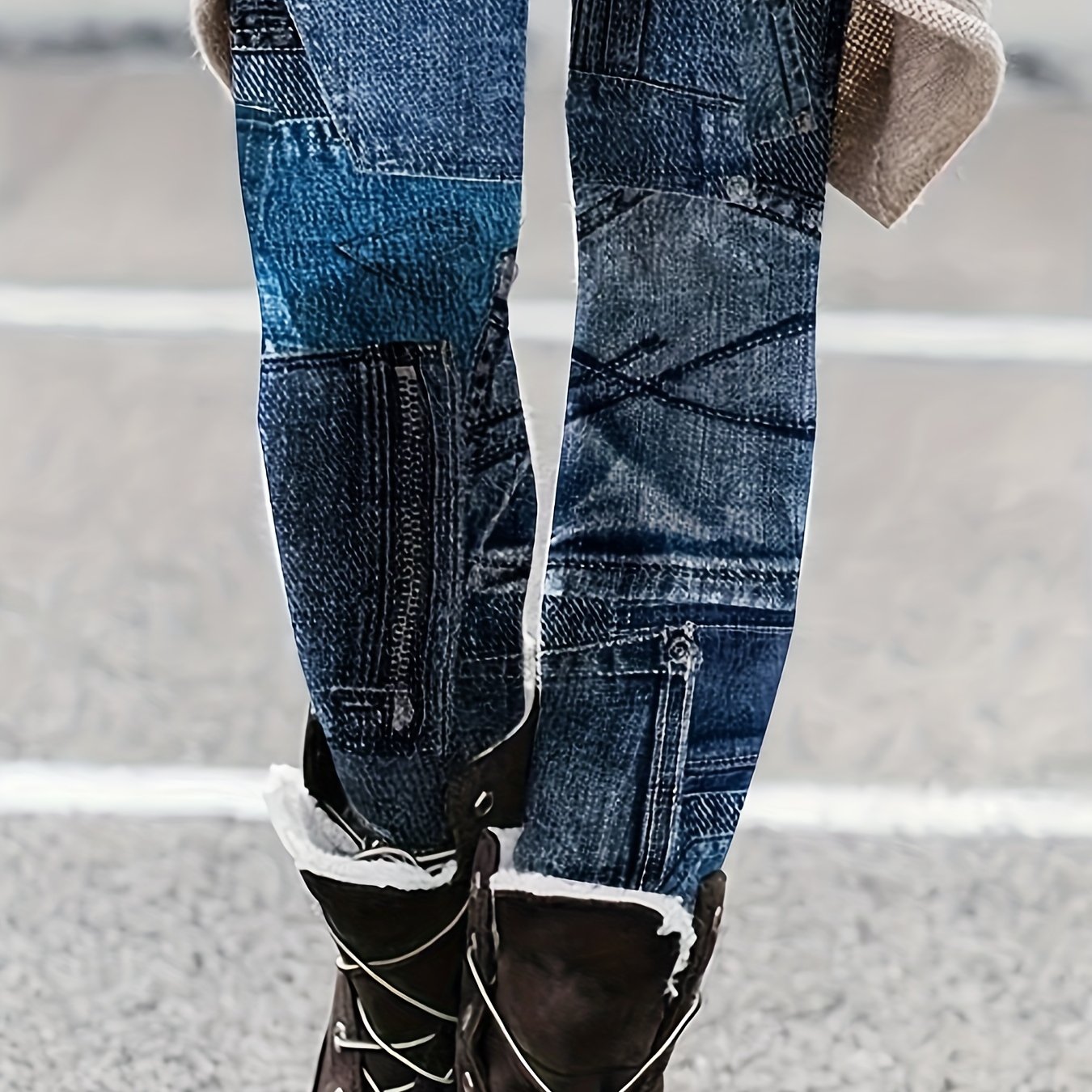 Denim Print High Waist Leggings Casual Skinny Leggings