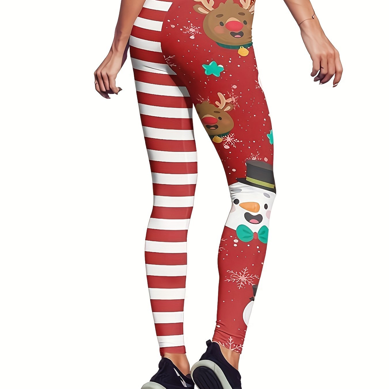 Colorblock Stripe & Snowman & Reindeer Print Leggings