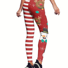 Colorblock Stripe & Snowman & Reindeer Print Leggings