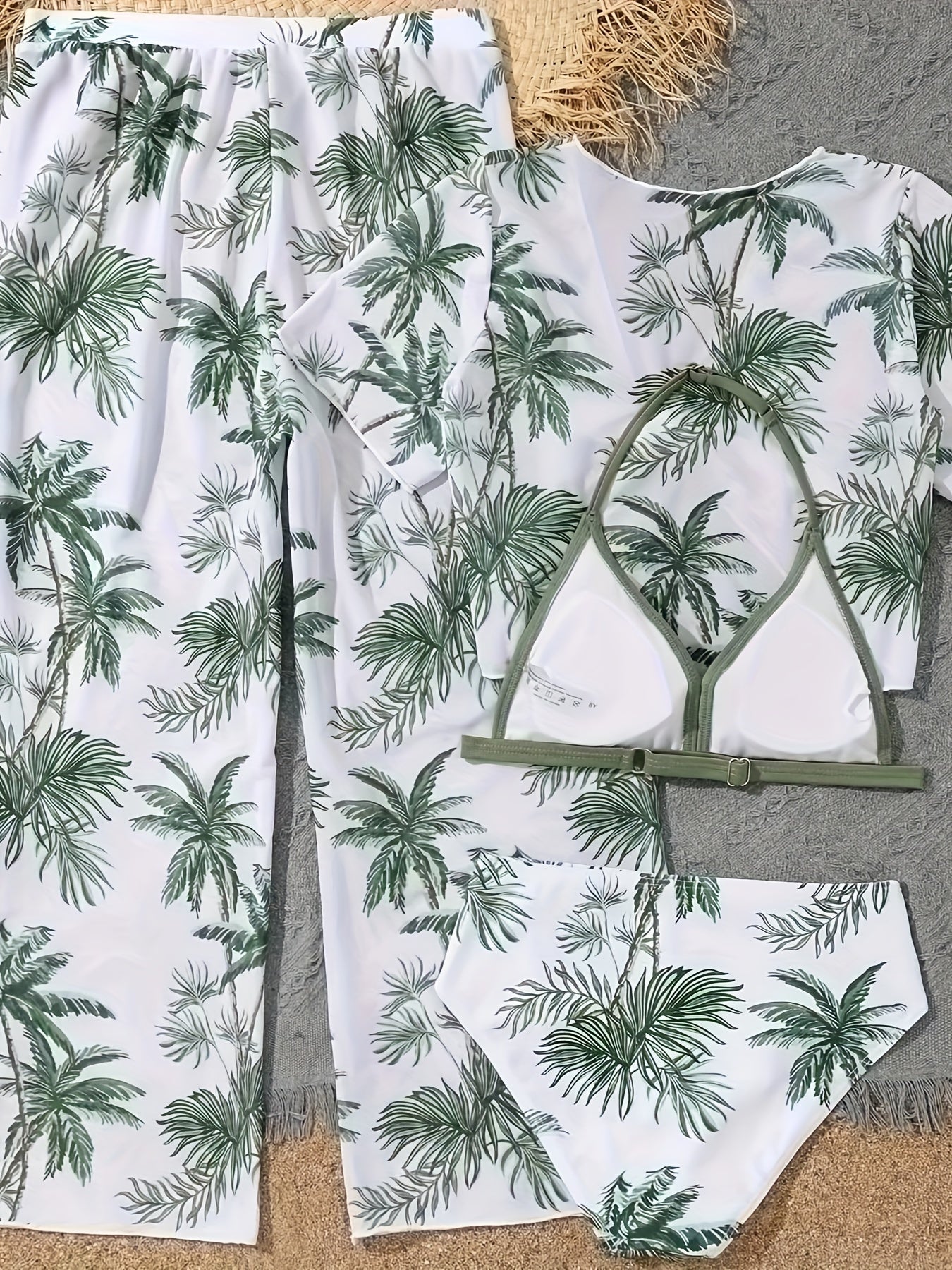 4pcs Coconut Tree Swimsuit Set for Girls - Comfy Bathing Suit