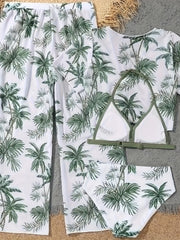 4pcs Coconut Tree Swimsuit Set for Girls - Comfy Bathing Suit