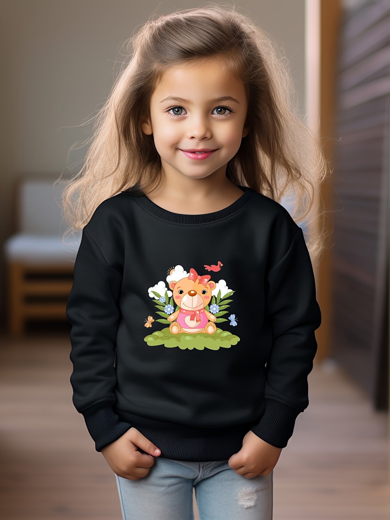 Bear Doll Print Girls Pullover Sweatshirt Long Sleeve Crew Neck Tops