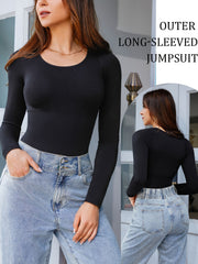 Long Sleeve Round Neck Yoga Bodysuit Solid Sports Jumpsuit Women's Activewear