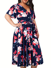 Floral Print Short Sleeve Midi Dress With Belt