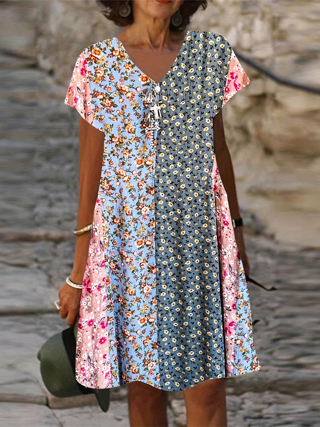 Boho Dress Women's Ditsy Floral Short Sleeve V Neck Dress