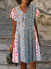 Boho Dress Women's Ditsy Floral Short Sleeve V Neck Dress