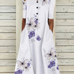 Floral & Butterfly Print V Neck Dress Button Front Short Sleeve Dress