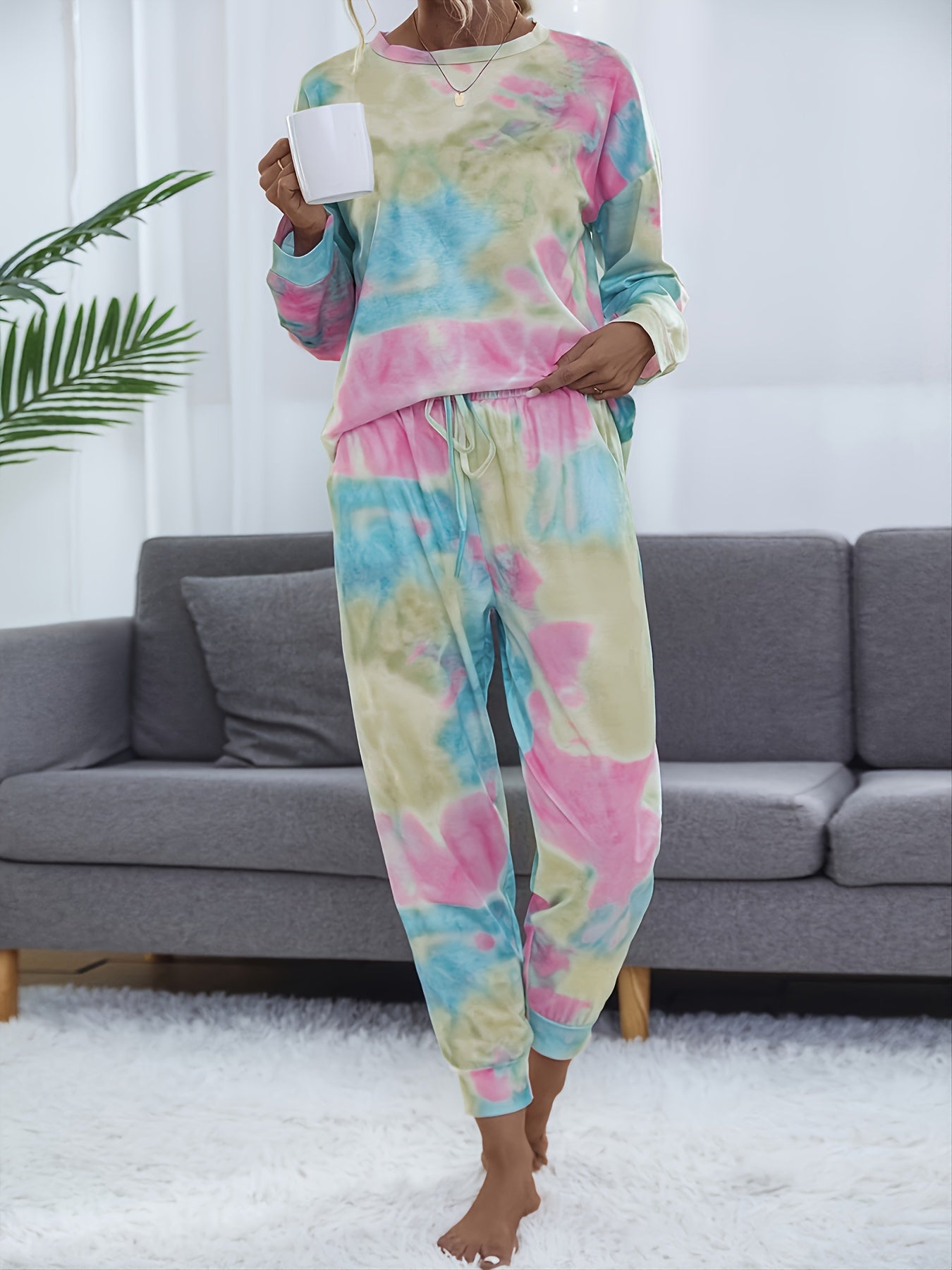 Tie Dye Print Lounge Set Long Sleeve Crew Neck Top & Elastic Waistband Pants