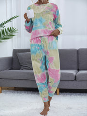 Tie Dye Print Lounge Set Long Sleeve Crew Neck Top & Elastic Waistband Pants