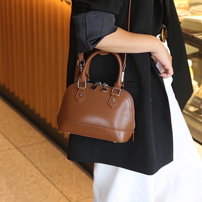 European American Style Leather Crossbody Handbag Removable Strap Zipper Closure