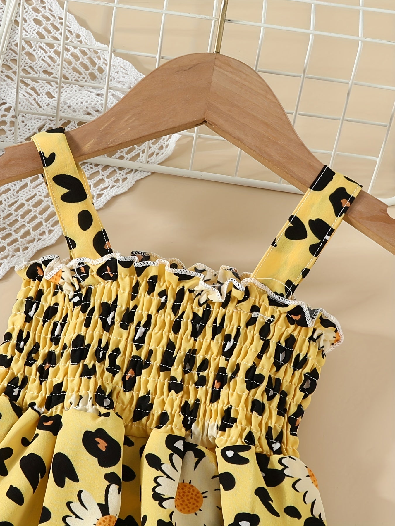 Toddler Girls Leopard Flowers Graphic Frill Trim Cami Dress