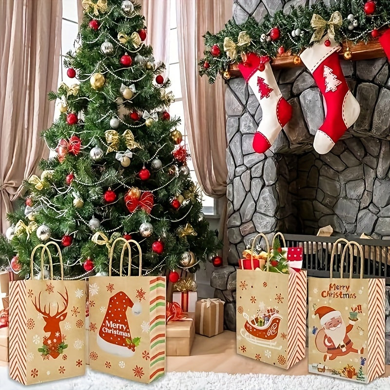 12pcs Christmas Gift Bags Brown Paper Bags With Handles