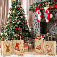 12pcs Christmas Gift Bags Brown Paper Bags With Handles