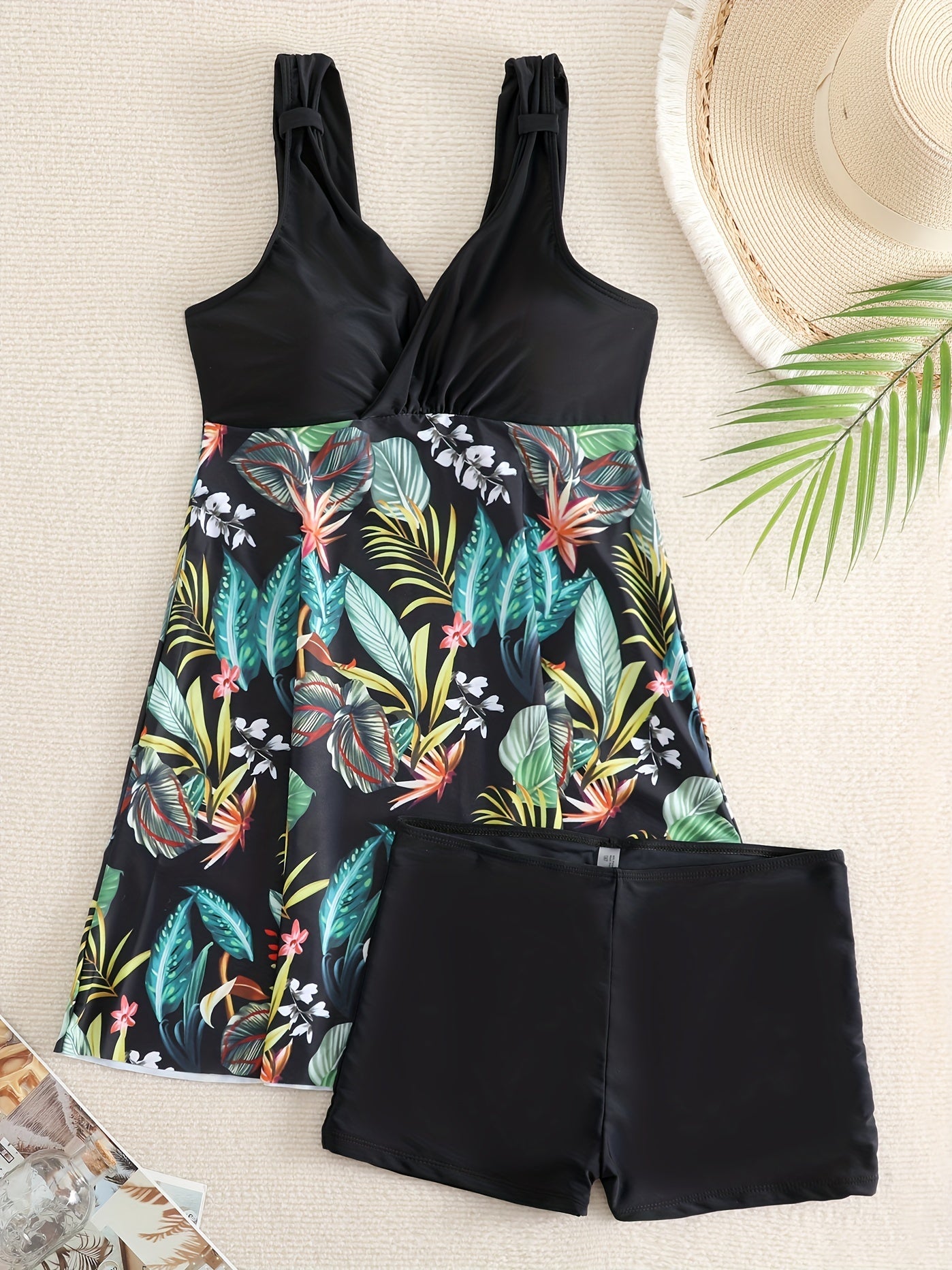 Tropical Print Tankini Set V Neck Boxer Shorts Swimsuit