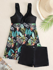 Tropical Print Tankini Set V Neck Boxer Shorts Swimsuit