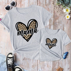 Leopard Heart Print Mama and Mini Matching T Shirt Set for Family Outfits