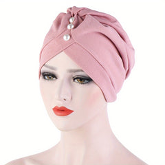 Faux Pearl Decor Turban Cap Solid Hijab Chemo Cap