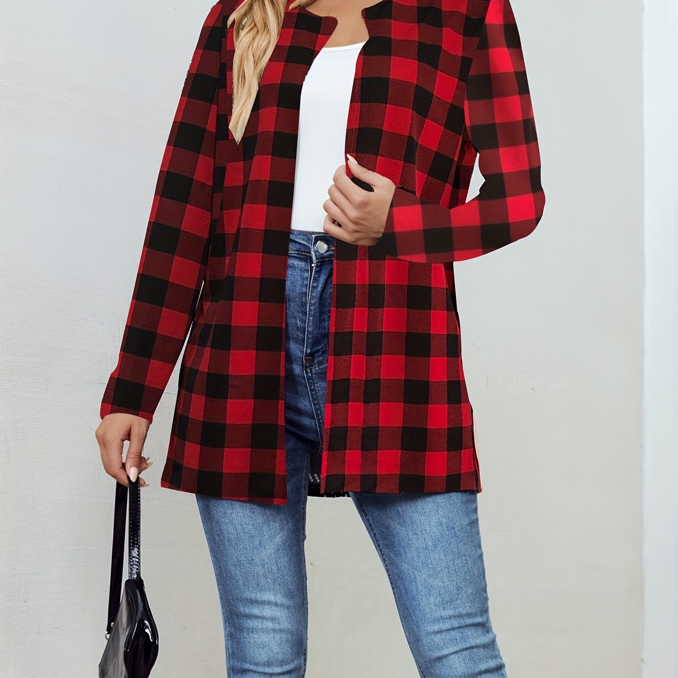 Plaid Crew Neck Jacket Casual Open Front Long Sleeve Jacket