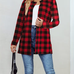Plaid Crew Neck Jacket Casual Open Front Long Sleeve Jacket