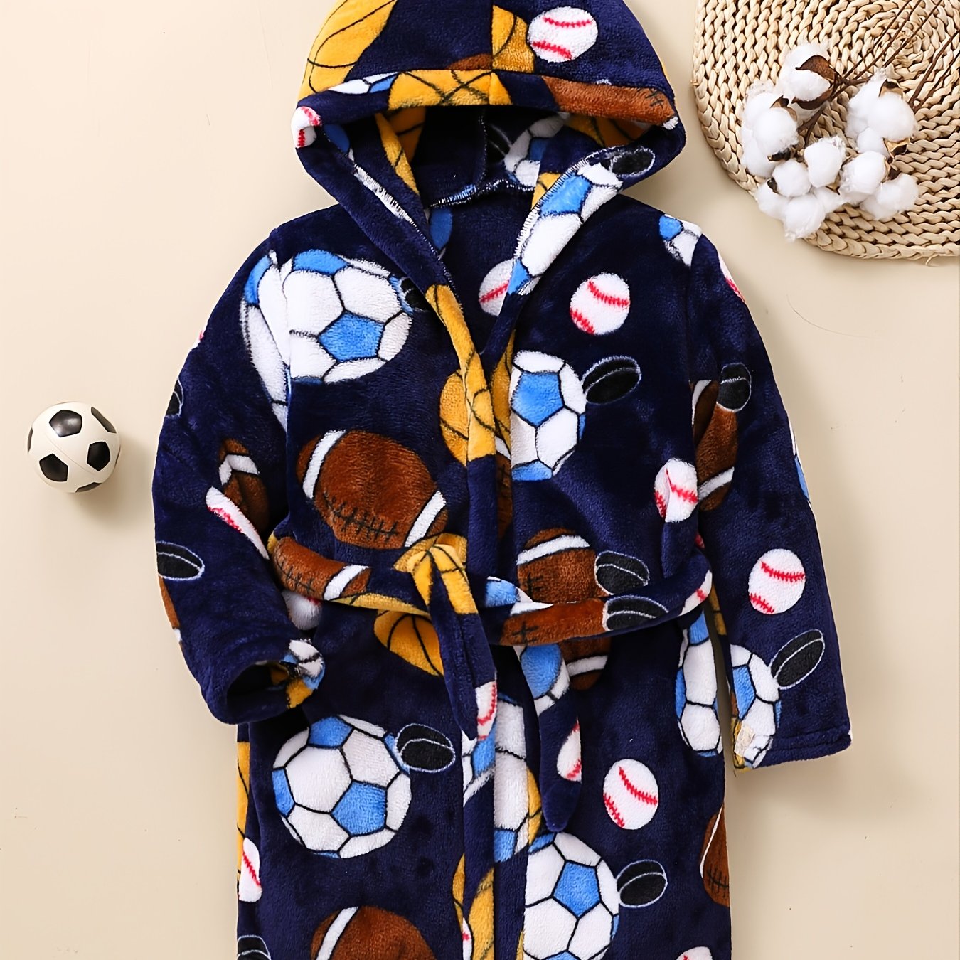 Kids Football Baseball Print Fleece Bathrobe Winter