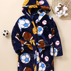 Kids Football Baseball Print Fleece Bathrobe Winter