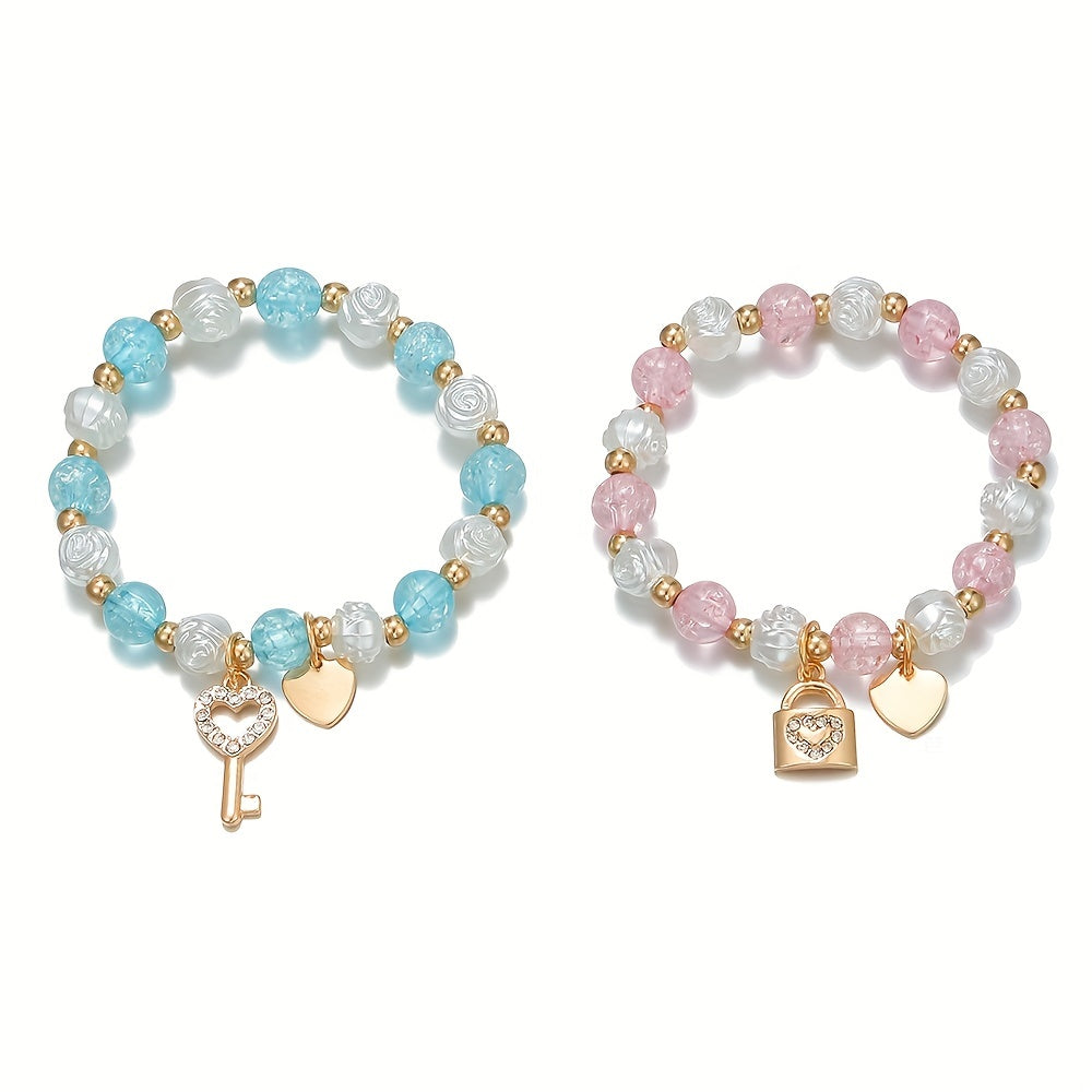 2PCS Children's Heart Pendant Bracelet Flower Beaded Elastic Accessory