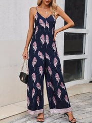 Feather Print Wide Leg Jumpsuit V Neck Spaghetti Strap Women's Clothing