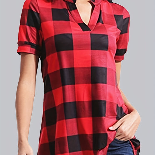 Gingham Print Short Sleeve Blouse Notched Neck Top