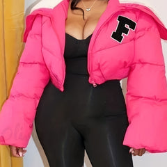 High Neck Cropped Coat Solid Long Sleeve Warm Outerwear