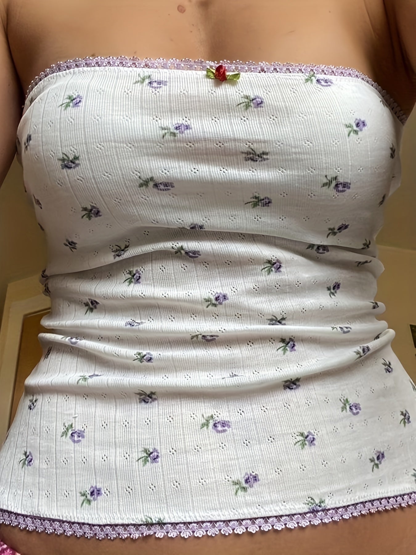 Floral Lace Trim Tube Top Summer Sleeveless