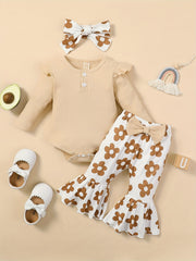 Baby Girls Ribbed Ruffle Long Sleeve Romper Cow Print Flared Pants
