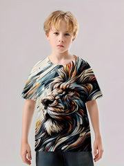 Lion Painting Print Boy's Stylish Tee Short Sleeve Crew Neck T-shirt