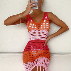 Hollow Out Dress Multicolor V Neck Crochet Cover Up