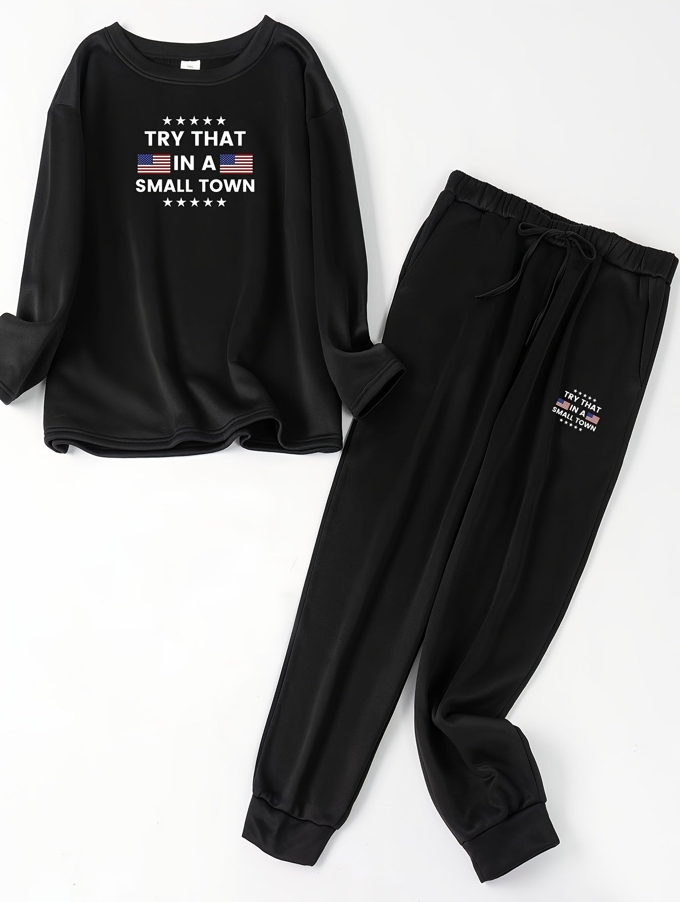 Flag & Letter Print Fleece Top & Joggers 2Pc Set