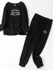 Flag & Letter Print Fleece Top & Joggers 2Pc Set