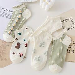 5 Pairs Floral & Bunny Print Socks & Ankle Socks Women's Stockings