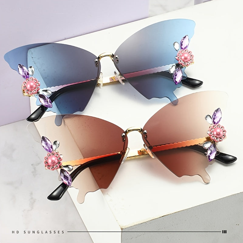 Rhinestone Rimless Butterfly Sunglasses UV Blocking