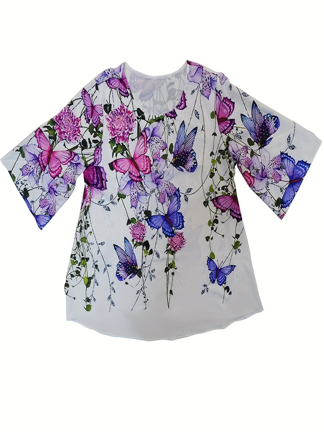 Floral & Butterfly Print Plus Size Blouse