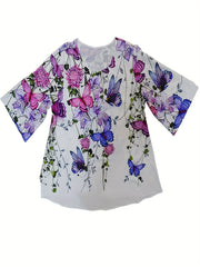 Floral & Butterfly Print Plus Size Blouse